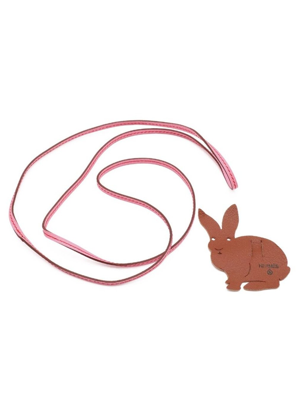 Hermes Lanieres Choker Necklace Bracelet Leather Strap Rabbit Charm Pink Brown